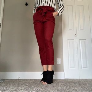 Maroon Paper-Bag Waist Satin Pants